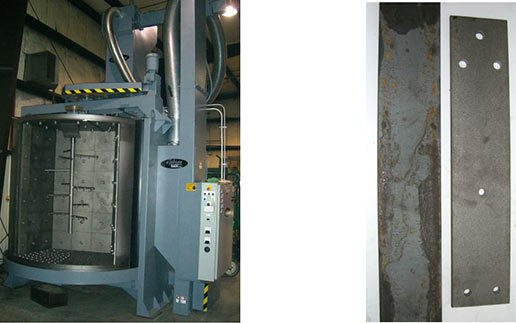 The Gibson Spinner Hanger Blast Cabinet (left), Parts before and after blasting (right)